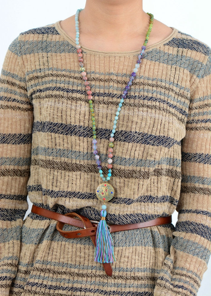 'Nepal Charm' Long Tassel Agate and Jasper 108 Beads Mala Necklace - Allora Jade