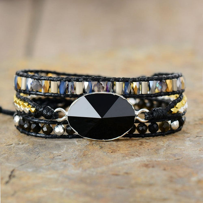 Onyx Charm & Agate Beads Wax Cord Wrap Bracelet - Womens Bracelets Crystal Bracelet - Allora Jade