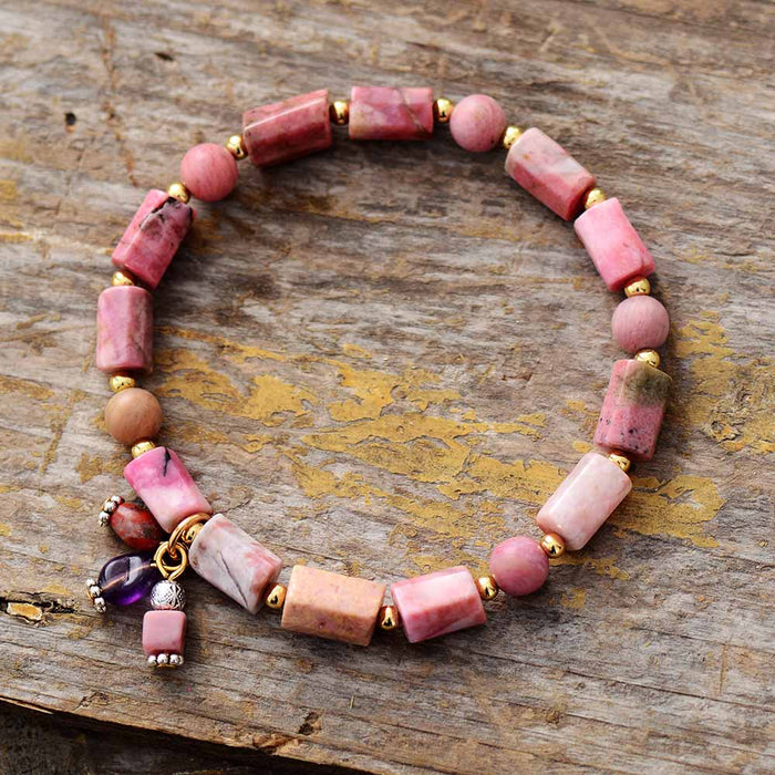 Bohemian Natural Pink Rhodonite Beaded Stretchy Bracelet | Allora Jade