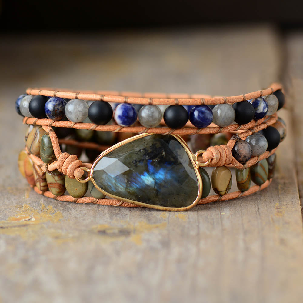 Bohemian Jasper, Agate and Labradorite Charm Wrap Bracelet - Allora Jade