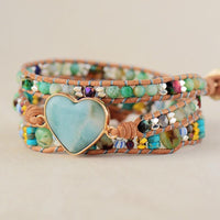 Jasper & Amazonite Heart Charm Wrap Bracelet - Womens Bracelets Crystal Bracelet - Allora Jade
