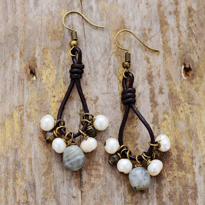 'Gulgang' Labradorite & Pearls Dangle Earrings - Womens Earrings Crystal Earrings - Allora Jade