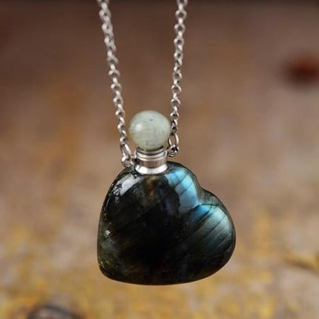 'Gamarra' Heart Shaped Labradorite Natural Crystal Essential Oil Diffuser Bottle Pendant Necklace - Allora Jade