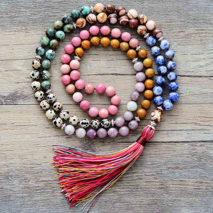 'Pink Tassel' Agate & Jasper 108 Beads Mala Necklace - Allora Jade