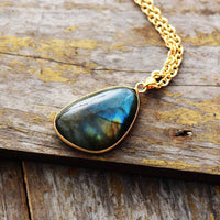 Womens Natural Labradorite Charm Gemstone Gold Tone Chain Pendant Necklace - Allora Jade