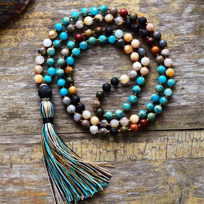 'Blue Tassel' Agate & Lava 108 Mala Beads Necklace - Allora Jade