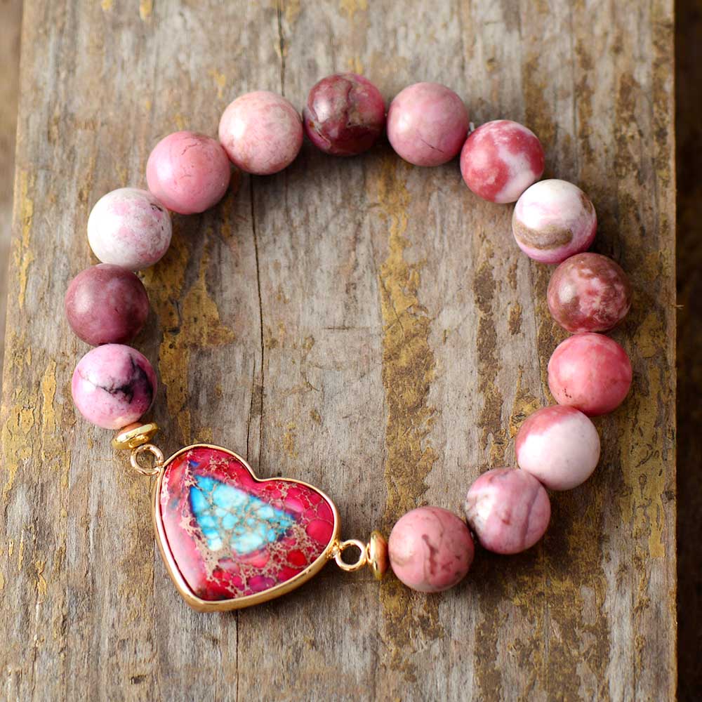 Women's Rhodonite Beads and Imperial Jasper Heart Charm Bracelet - Allora Jade