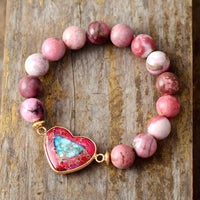 Women's Rhodonite Beads and Imperial Jasper Heart Charm Bracelet - Allora Jade