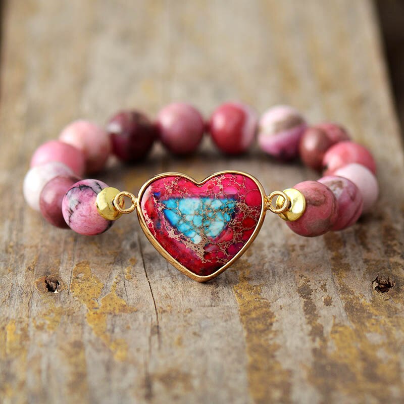Women's Rhodonite Beads and Imperial Jasper Heart Charm Bracelet - Allora Jade