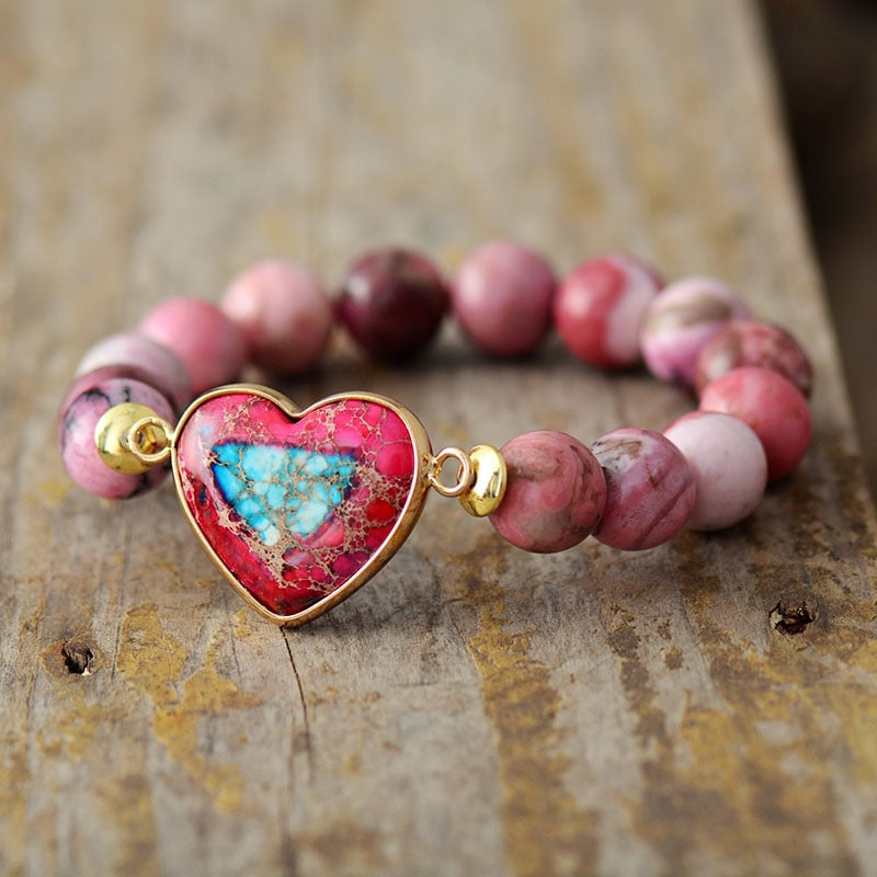 Women's Rhodonite Beads and Imperial Jasper Heart Charm Bracelet - Allora Jade