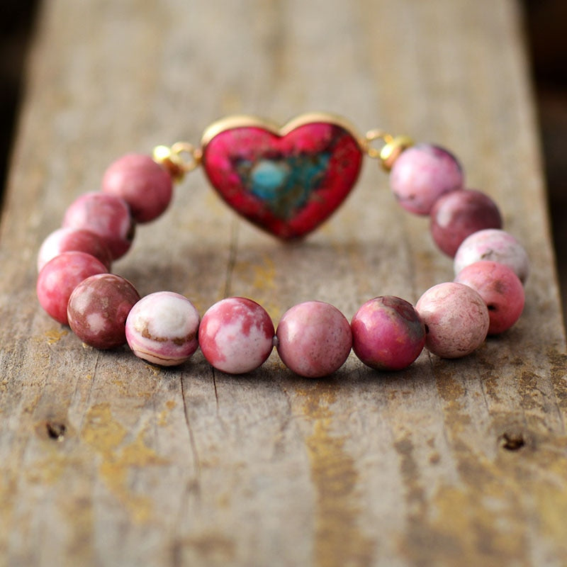 Women's Rhodonite Beads and Imperial Jasper Heart Charm Bracelet - Allora Jade