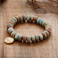Bohemian Jasper Beaded Stretchy Bracelet with Lotus Charm - Allora Jade