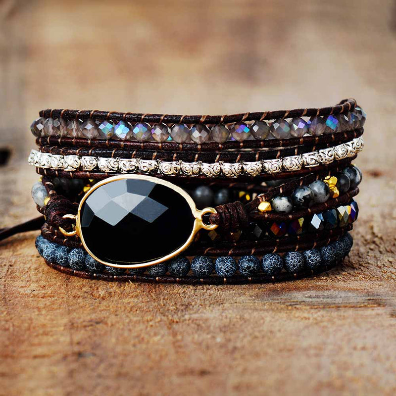 Bohemian Onyx, Rhinestone & Tibetan Beads 5x Gemstone Wrap Bracelet - Allora Jade
