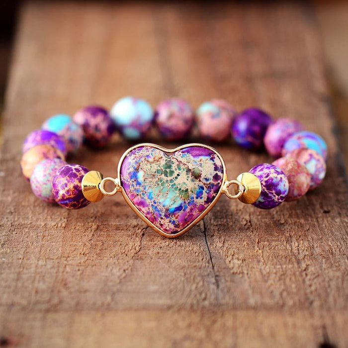 Imperial Jasper Heart Charm Stretchy Bracelet - Womens Bracelets Crystal Bracelet - Allora Jade