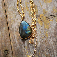 Womens Natural Labradorite Charm Gemstone Gold Tone Chain Pendant Necklace - Allora Jade
