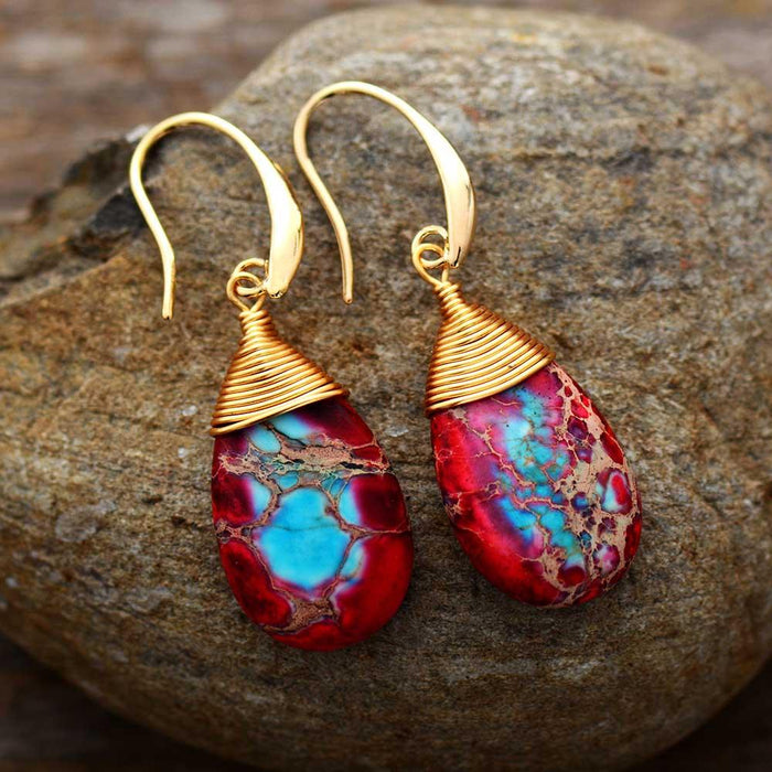 'Yuingin' Red Blue Jasper Drop Earrings - Womens Earrings Crystal Earrings - Allora Jade