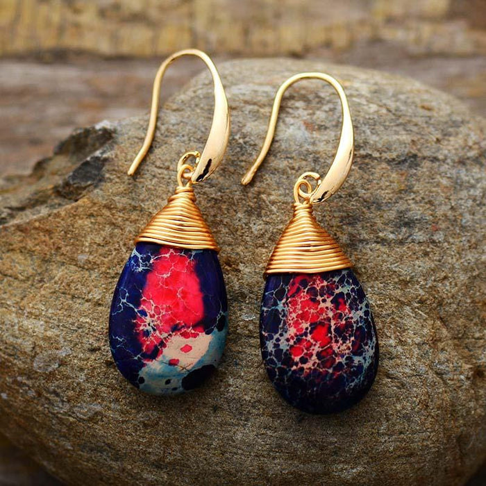 'Yuingin' Dark Blue Red Jasper Drop Earrings - Womens Earrings Crystal Earrings - Allora Jade