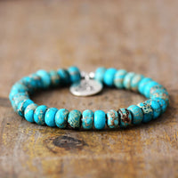Bohemian Sky Blue Imperial Jasper Beaded Stretchy Bracelet with Yogi Charm - Allora Jade