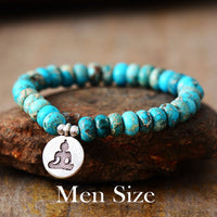 Bohemian Sky Blue Imperial Jasper Beaded Stretchy Bracelet with Yogi Charm - Allora Jade