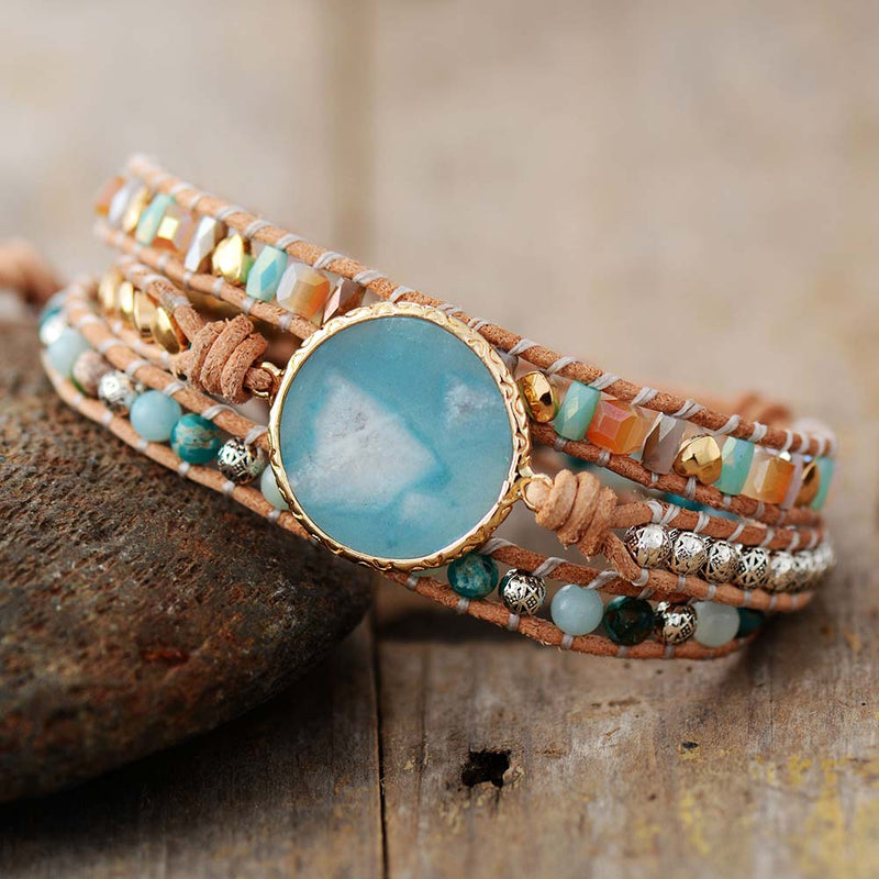 Amazonite Charm Beads and Jasper Beads Gemstone Wrap Bracelet - Allora Jade
