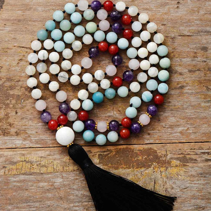 'Black Tassel' Moonstone, Agate & Amethyst 108 Mala Beads necklace - Allora Jade