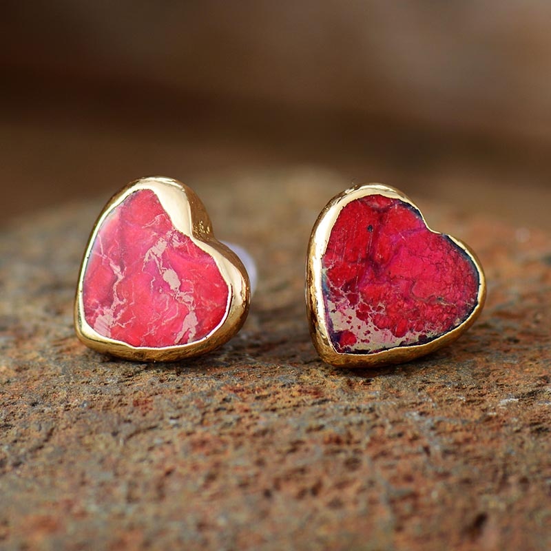 'Hearts' Natural Red Imperial Jasper Women's Stud Earrings - Allora Jade