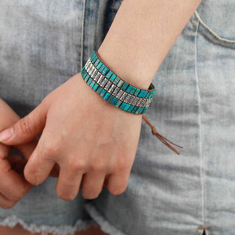 Jasper and Vintage Flower Beads Cuff Bracelet | Allora Jade