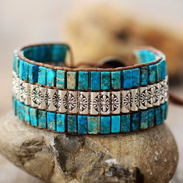 Jasper and Vintage Flower Beads Cuff Bracelet | Allora Jade