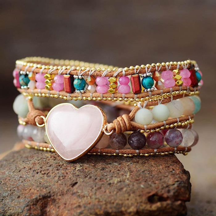 Amazonite, Quartz & Rose Quartz Heart Charm Wrap Bracelet - Womens Bracelets Crystal Bracelet - Allora Jade