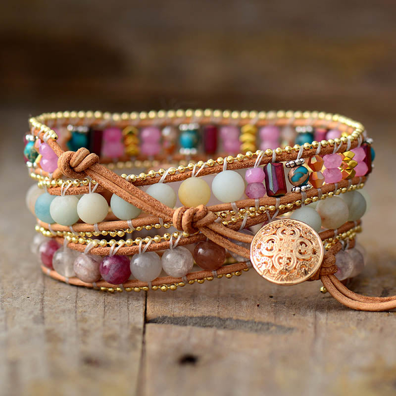 Bohemian Amazonite, Quartz and Rose Quartz Heart Charm Wrap Bracelet | Allora Jade