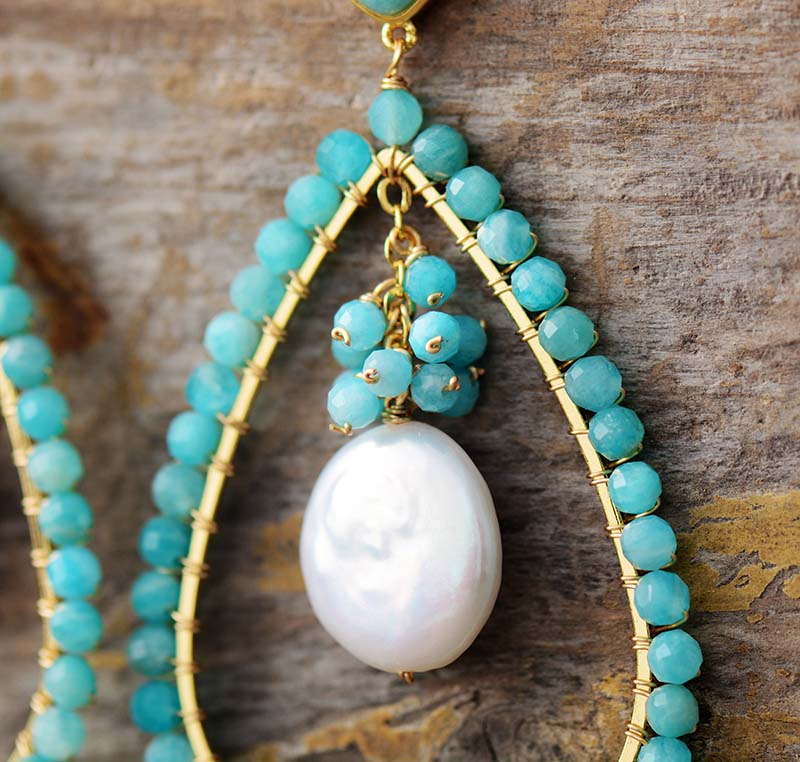 Amazonite and Fresh Water Pearl Drop Earrings - ALLORA JADE