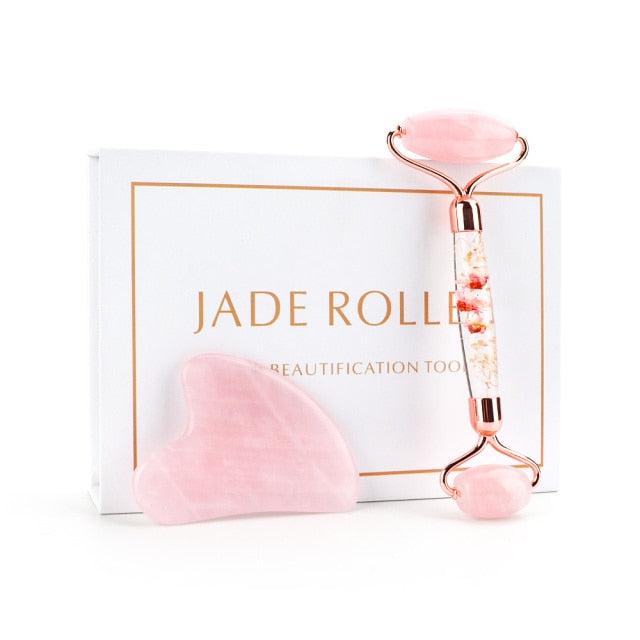 'Jade Roller' Rose Quartz Roller, Gua Sha Scraper Massage Tool with Floral Handle - Allora Jade