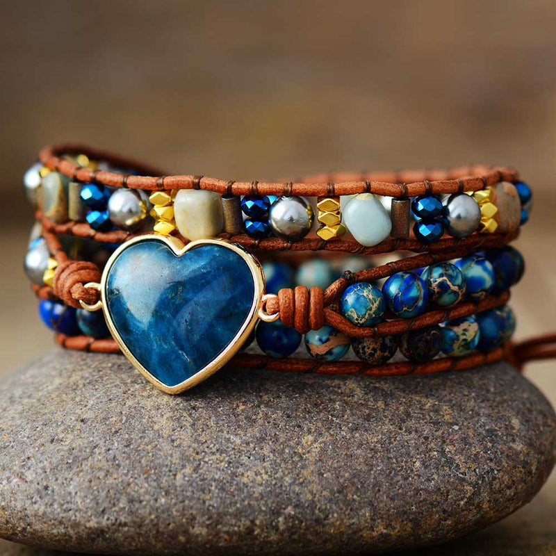 Jasper & Blue Apatite Heart Charm Wrap Bracelet | Allora Jade
