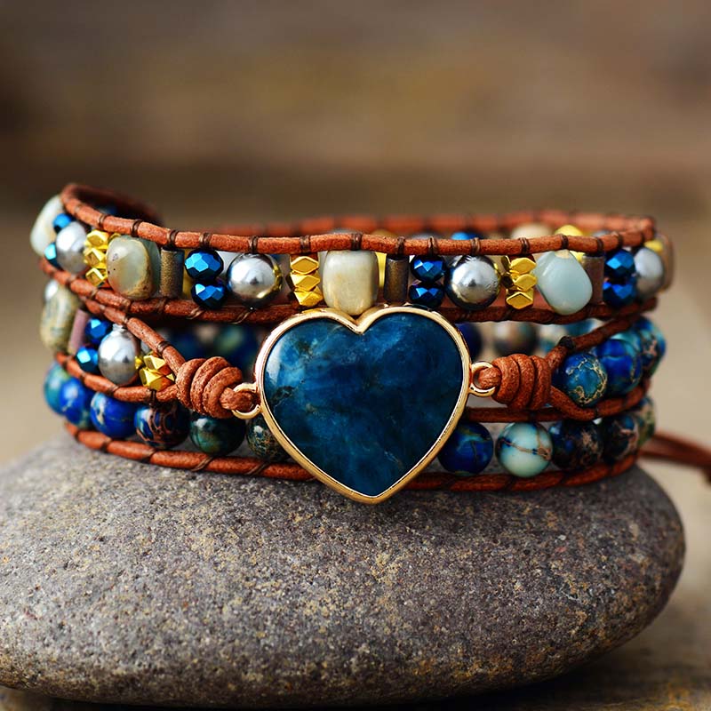Jasper & Blue Apatite Heart Charm Wrap Bracelet | Allora Jade