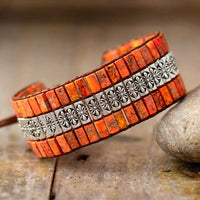 Orange Jasper and Vintage Flower Beads Cuff Bracelet - Allora Jade