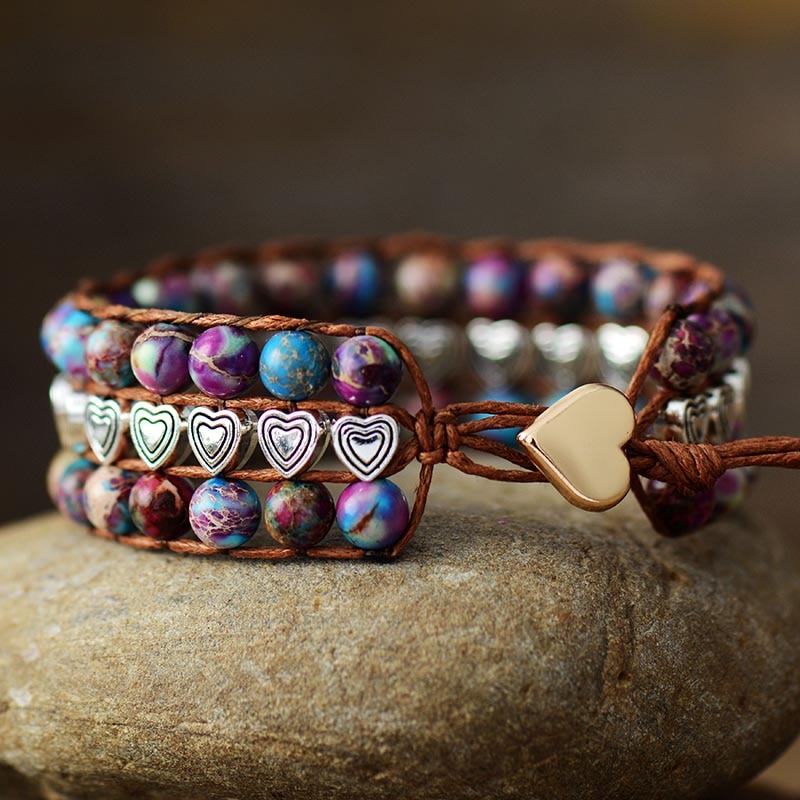 Purplish-Blue Jasper & Heart Beads Leather Cuff Bracelet - Allora Jade