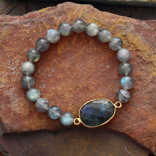Labradorite Charm Labradorite Beads Stretchy Bracelet - Allora Jade