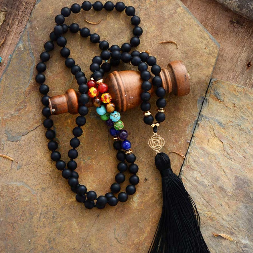 'Chakras' Matte Black Onyx 108 Mala Beads Tassel Necklace - Allora Jade