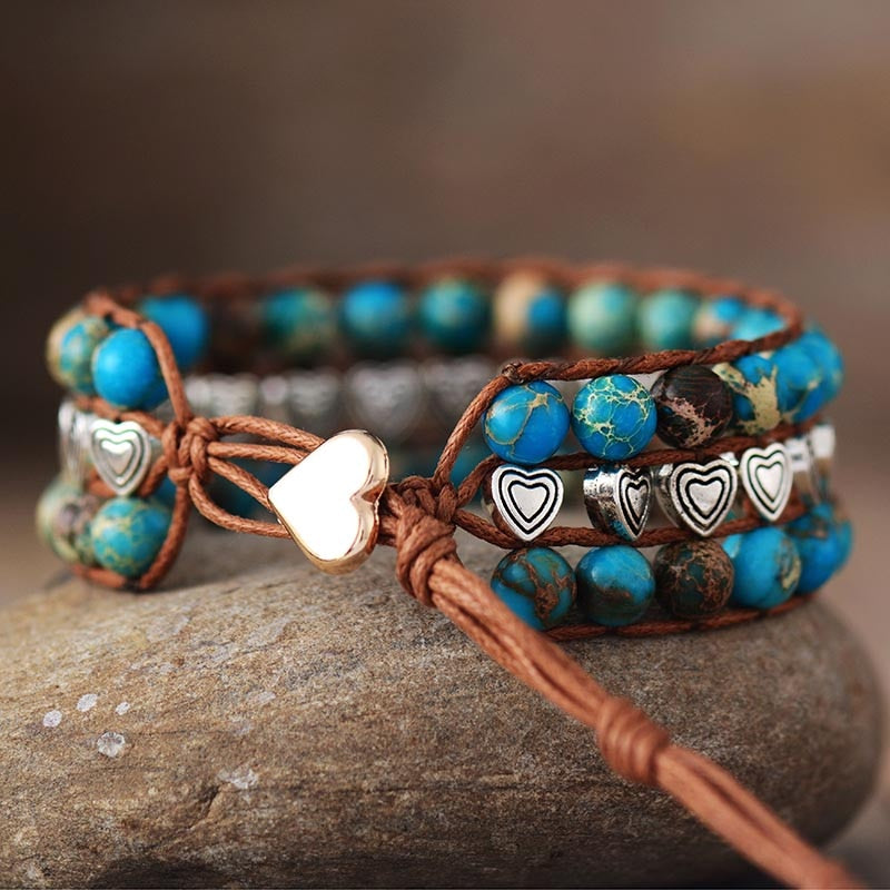 Blue Jasper and Heart Beads Leather Cuff Bracelet - Allora Jade