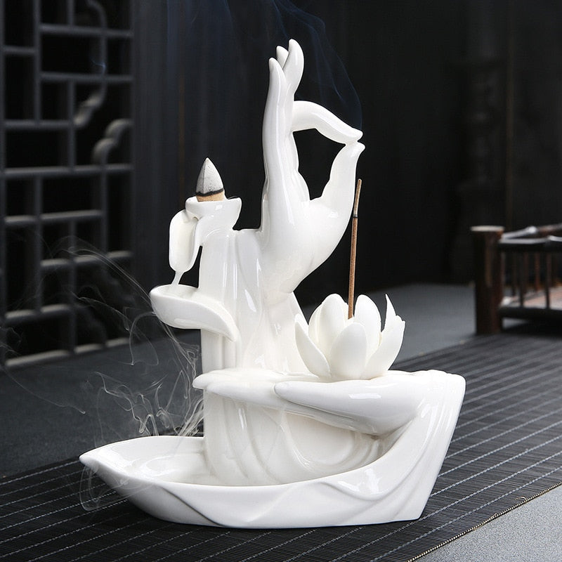 'Vitarka Mudra' Handmade White Ceramic Incense Holder Burner | Allora Jade