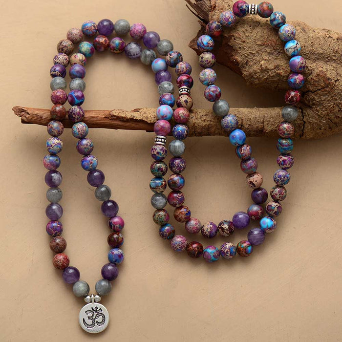 'OM Charm' Jasper, Amethyst, Labradorite 108 Mala Beads Necklace - Allora Jade