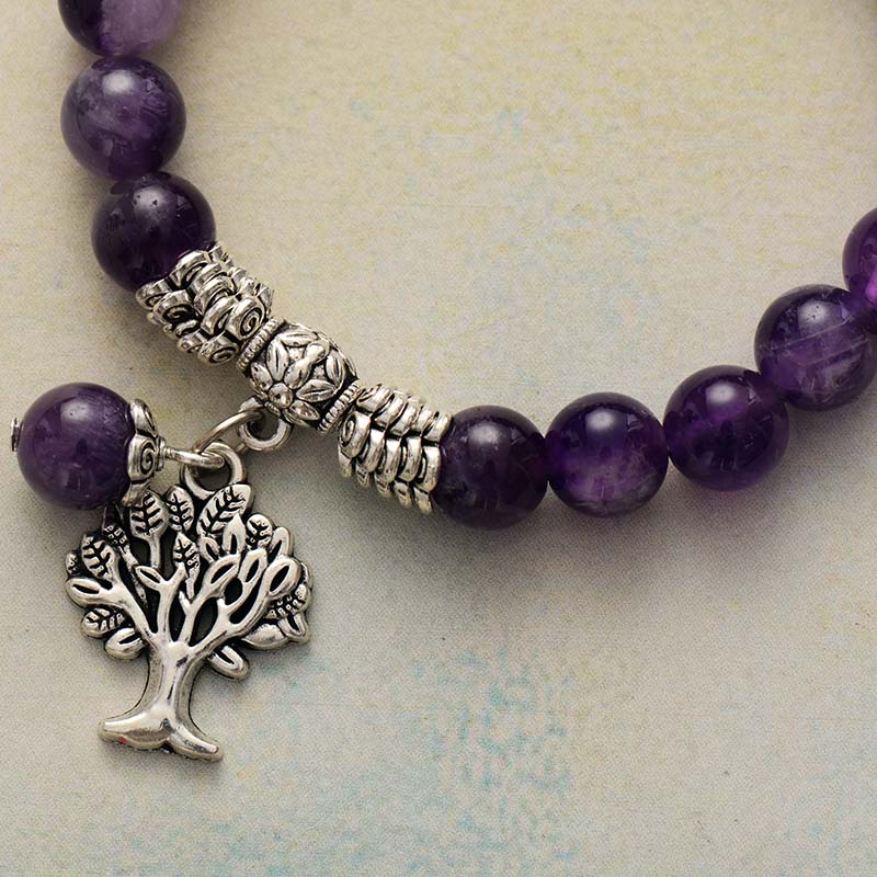 Bohemian Amethyst Beaded Stretchy Bracelet with Tree of Life Charm - Allora Jade