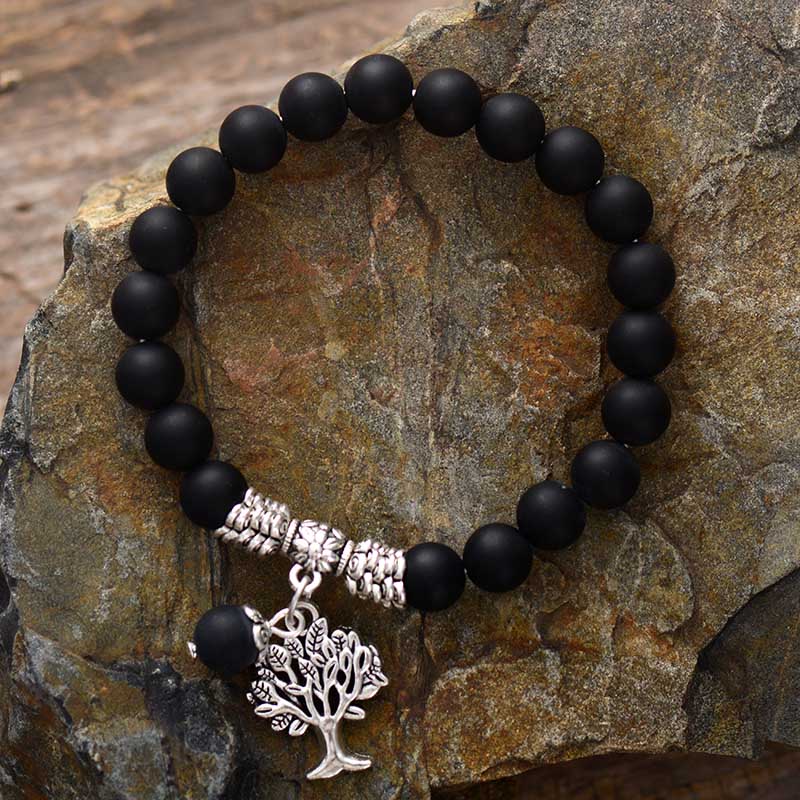 Bohemian Black Onyx Beaded Stretchy Bracelet with Tree of Life Charm - Allora Jade