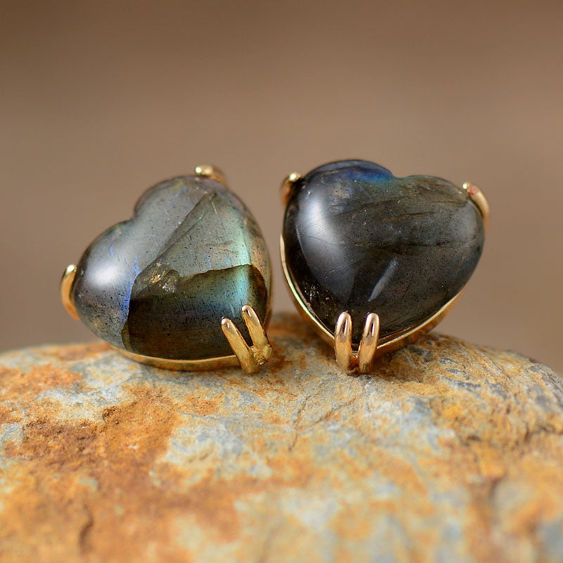 'Hearts' Natural Labradorite Stud Earrings - Allora Jade