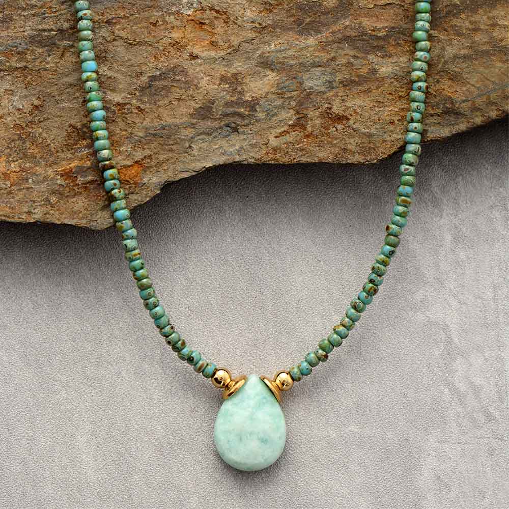 'Dhala' Seed Beads and Natural Amazonite Pendant Necklace - Allora Jade