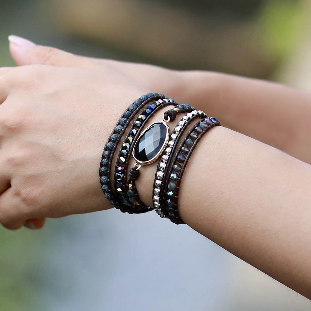 Bohemian Onyx, Rhinestone & Tibetan Beads 5x Gemstone Wrap Bracelet - Allora Jade