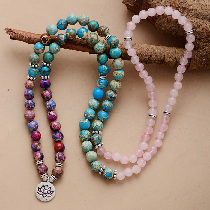 'Lotus Charm' Jasper & Rose Quartz 108 Mala Beads - Allora Jade