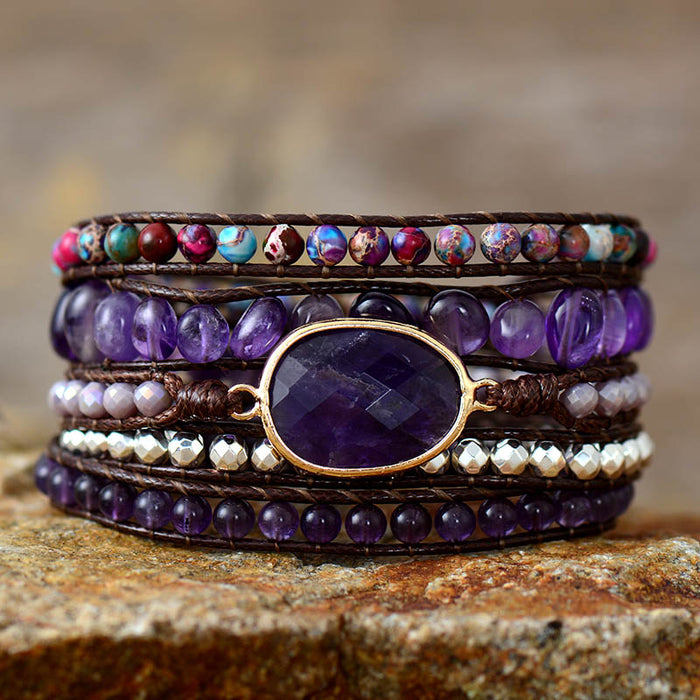 Women's Amethyst Charm and Beads and Jasper Beads Wax Cord Wrap Bracelet - Allora Jade