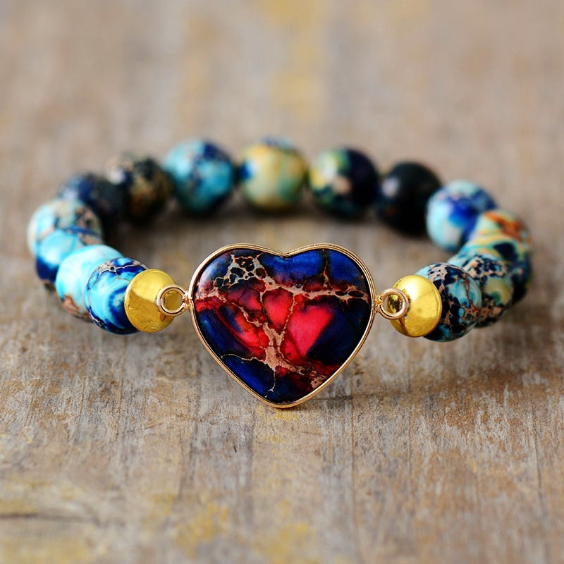 Blue Red Jasper Beads and Heart Charm Stretchy Bracelet - Allora Jade