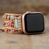 Rhodonite and Jasper Beads Apple Watch Band Wax Cord Wrap - Allora Jade